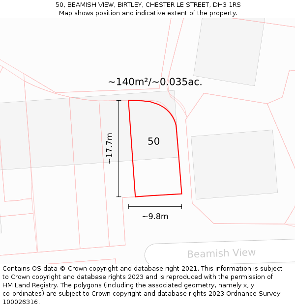50, BEAMISH VIEW, BIRTLEY, CHESTER LE STREET, DH3 1RS: Plot and title map
