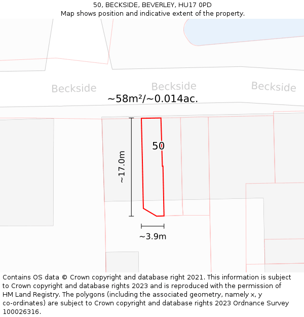 50, BECKSIDE, BEVERLEY, HU17 0PD: Plot and title map