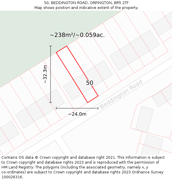 50, BEDDINGTON ROAD, ORPINGTON, BR5 2TF: Plot and title map