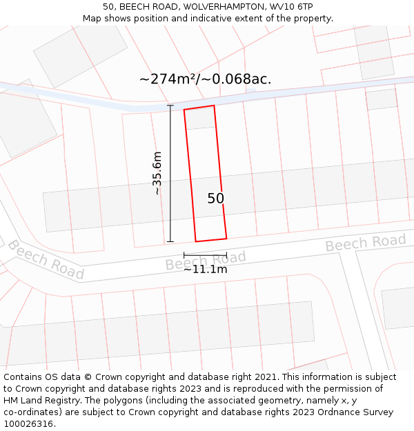 50, BEECH ROAD, WOLVERHAMPTON, WV10 6TP: Plot and title map