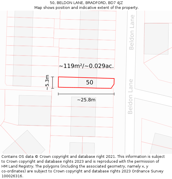 50, BELDON LANE, BRADFORD, BD7 4JZ: Plot and title map
