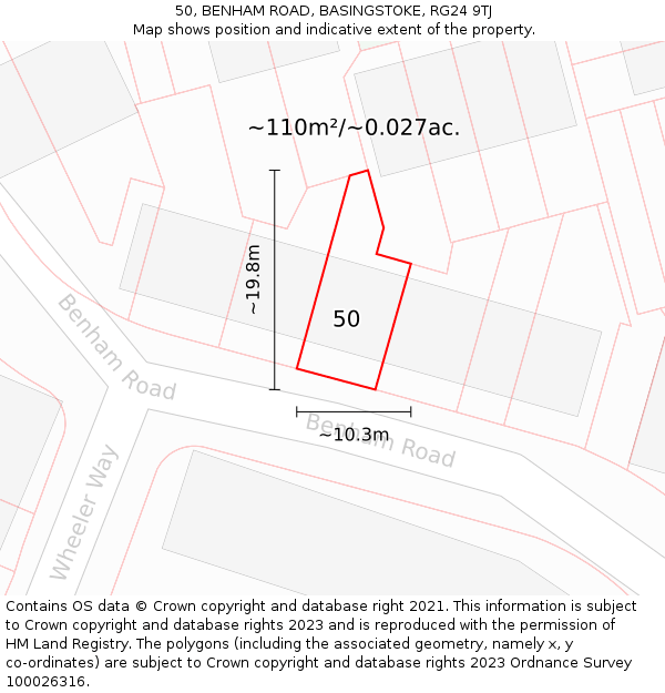50, BENHAM ROAD, BASINGSTOKE, RG24 9TJ: Plot and title map