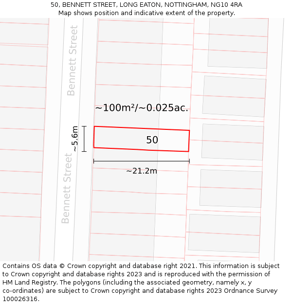 50, BENNETT STREET, LONG EATON, NOTTINGHAM, NG10 4RA: Plot and title map