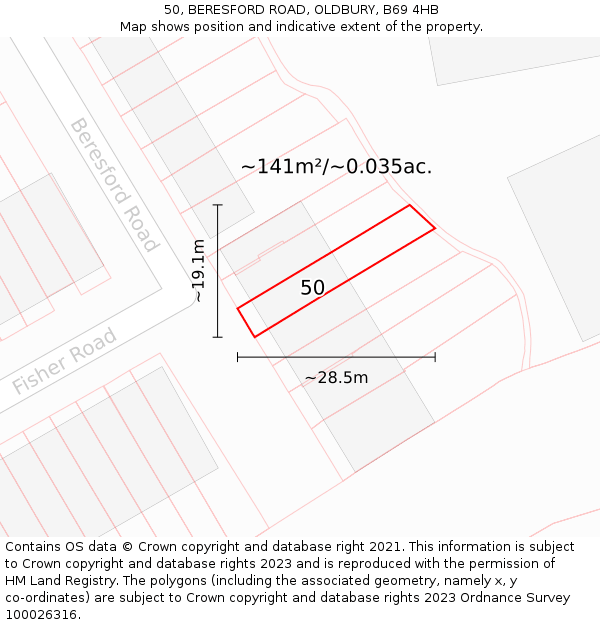 50, BERESFORD ROAD, OLDBURY, B69 4HB: Plot and title map