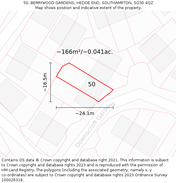 50, BERRYWOOD GARDENS, HEDGE END, SOUTHAMPTON, SO30 4QZ: Plot and title map