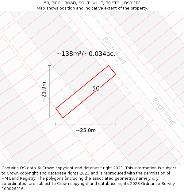 50, BIRCH ROAD, SOUTHVILLE, BRISTOL, BS3 1PF: Plot and title map