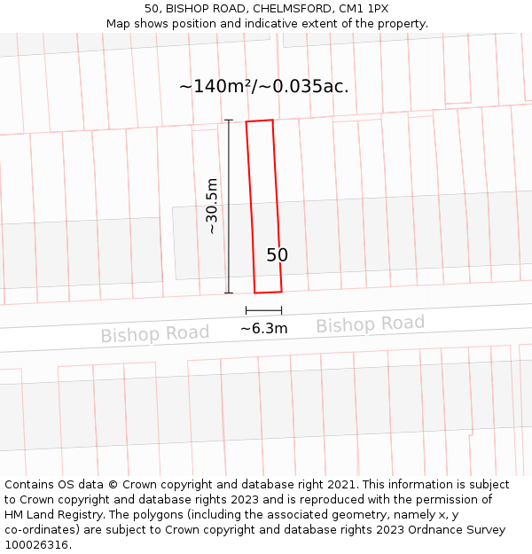 50, BISHOP ROAD, CHELMSFORD, CM1 1PX: Plot and title map