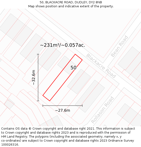 50, BLACKACRE ROAD, DUDLEY, DY2 8NB: Plot and title map