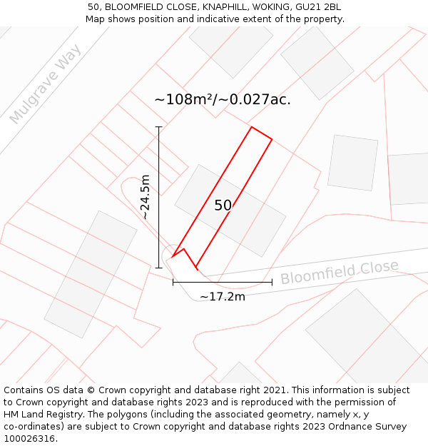 50, BLOOMFIELD CLOSE, KNAPHILL, WOKING, GU21 2BL: Plot and title map