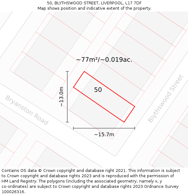 50, BLYTHSWOOD STREET, LIVERPOOL, L17 7DF: Plot and title map