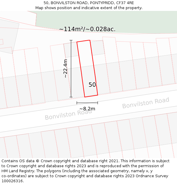50, BONVILSTON ROAD, PONTYPRIDD, CF37 4RE: Plot and title map
