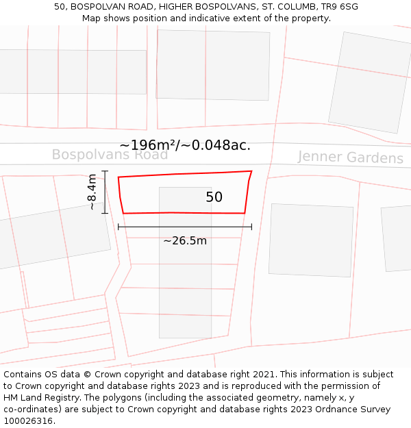 50, BOSPOLVAN ROAD, HIGHER BOSPOLVANS, ST. COLUMB, TR9 6SG: Plot and title map