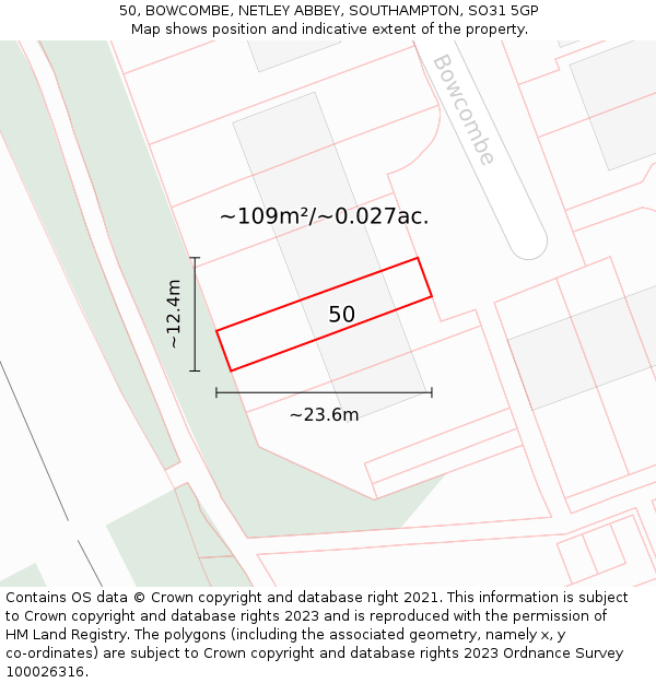 50, BOWCOMBE, NETLEY ABBEY, SOUTHAMPTON, SO31 5GP: Plot and title map