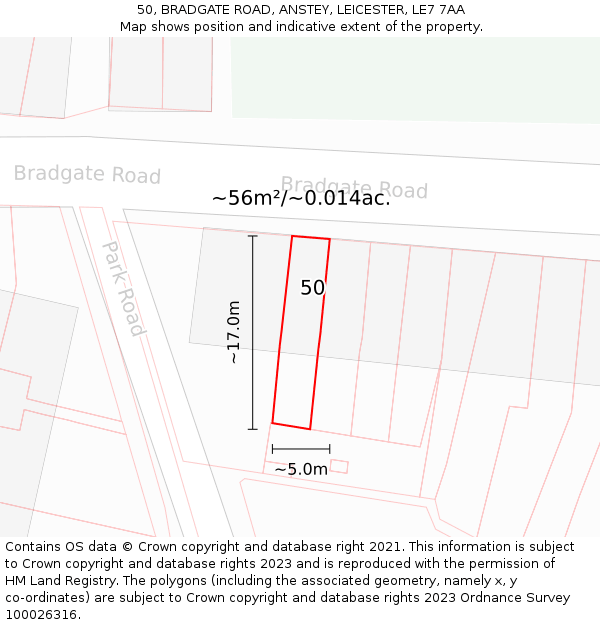 50, BRADGATE ROAD, ANSTEY, LEICESTER, LE7 7AA: Plot and title map