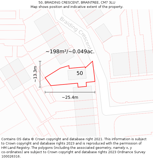 50, BRAIDING CRESCENT, BRAINTREE, CM7 3LU: Plot and title map