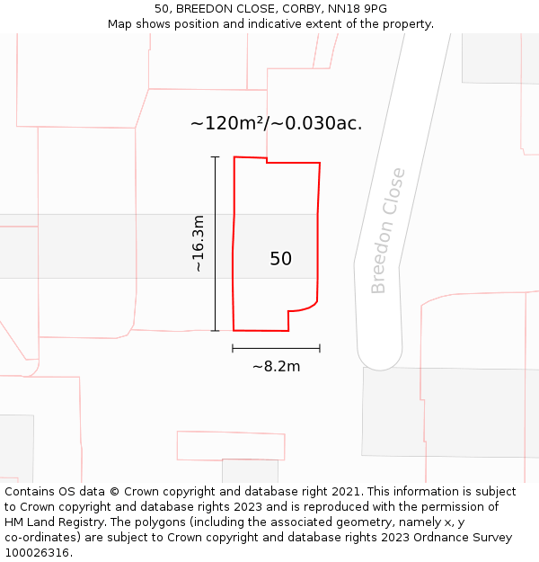 50, BREEDON CLOSE, CORBY, NN18 9PG: Plot and title map