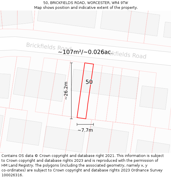 50, BRICKFIELDS ROAD, WORCESTER, WR4 9TW: Plot and title map