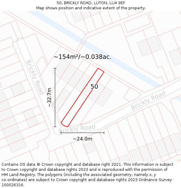 50, BRICKLY ROAD, LUTON, LU4 9EF: Plot and title map