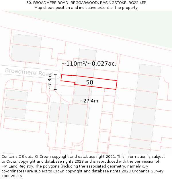 50, BROADMERE ROAD, BEGGARWOOD, BASINGSTOKE, RG22 4FP: Plot and title map