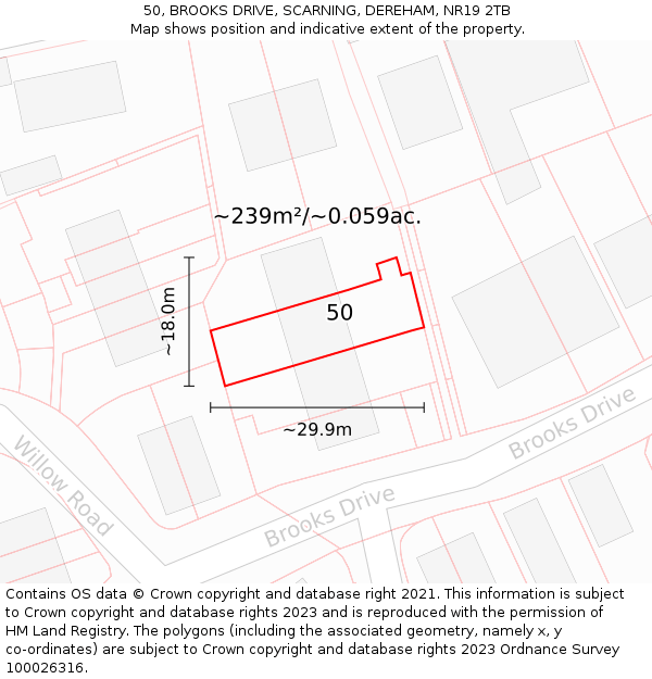 50, BROOKS DRIVE, SCARNING, DEREHAM, NR19 2TB: Plot and title map