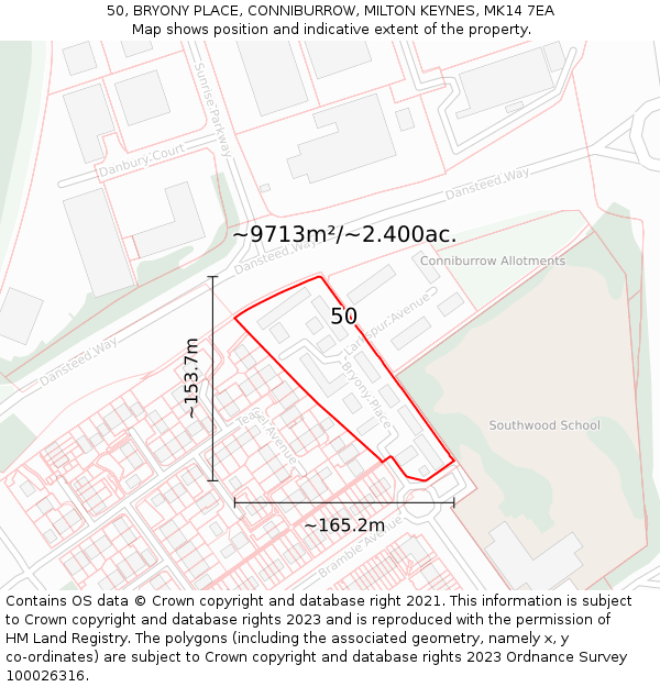50, BRYONY PLACE, CONNIBURROW, MILTON KEYNES, MK14 7EA: Plot and title map