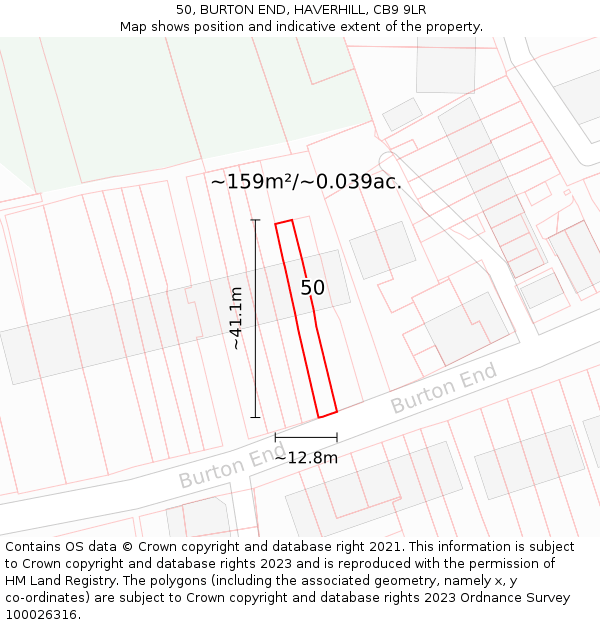 50, BURTON END, HAVERHILL, CB9 9LR: Plot and title map