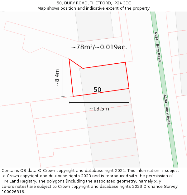 50, BURY ROAD, THETFORD, IP24 3DE: Plot and title map
