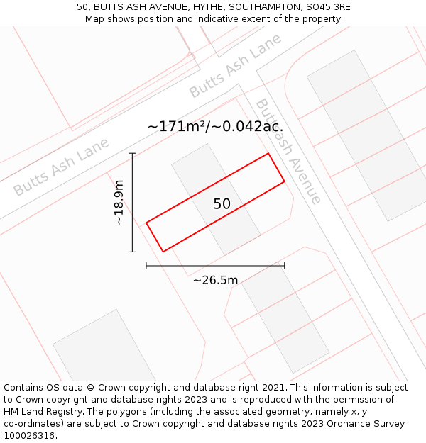 50, BUTTS ASH AVENUE, HYTHE, SOUTHAMPTON, SO45 3RE: Plot and title map