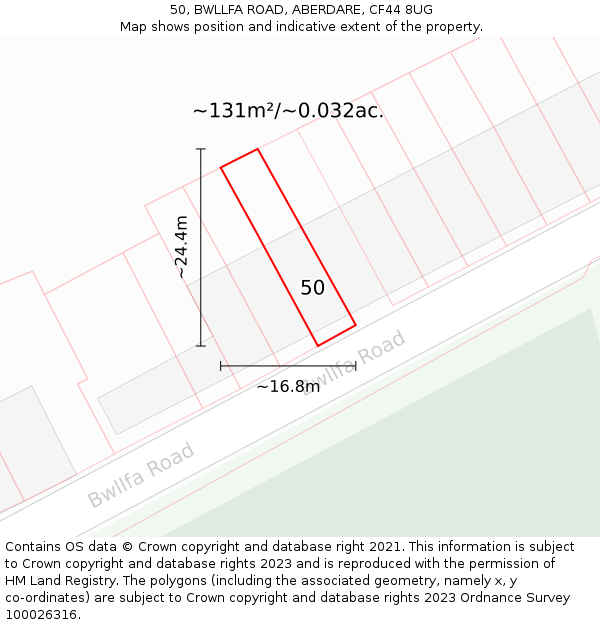 50, BWLLFA ROAD, ABERDARE, CF44 8UG: Plot and title map
