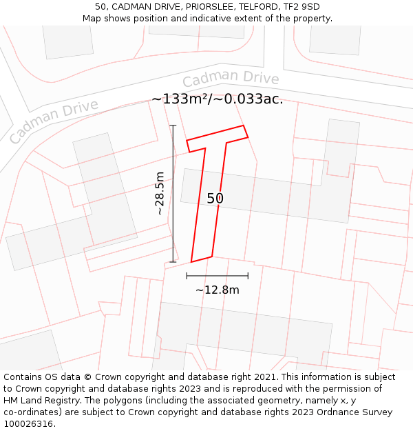 50, CADMAN DRIVE, PRIORSLEE, TELFORD, TF2 9SD: Plot and title map