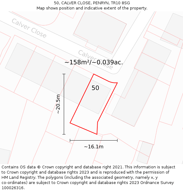 50, CALVER CLOSE, PENRYN, TR10 8SG: Plot and title map