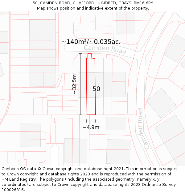 50, CAMDEN ROAD, CHAFFORD HUNDRED, GRAYS, RM16 6PY: Plot and title map