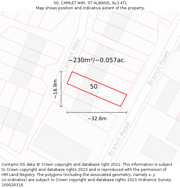 50, CAMLET WAY, ST ALBANS, AL3 4TL: Plot and title map