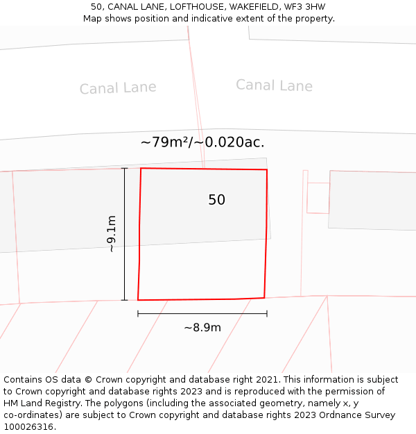 50, CANAL LANE, LOFTHOUSE, WAKEFIELD, WF3 3HW: Plot and title map