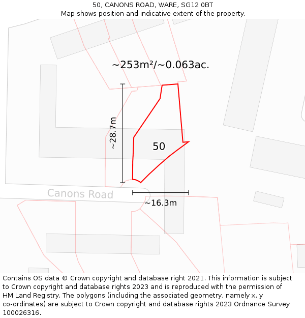 50, CANONS ROAD, WARE, SG12 0BT: Plot and title map