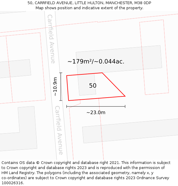 50, CARRFIELD AVENUE, LITTLE HULTON, MANCHESTER, M38 0DP: Plot and title map