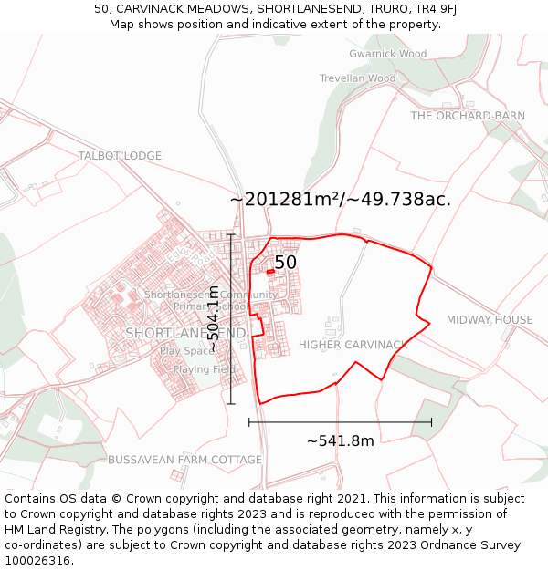 50, CARVINACK MEADOWS, SHORTLANESEND, TRURO, TR4 9FJ: Plot and title map