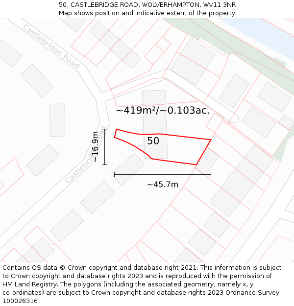 50, CASTLEBRIDGE ROAD, WOLVERHAMPTON, WV11 3NR: Plot and title map