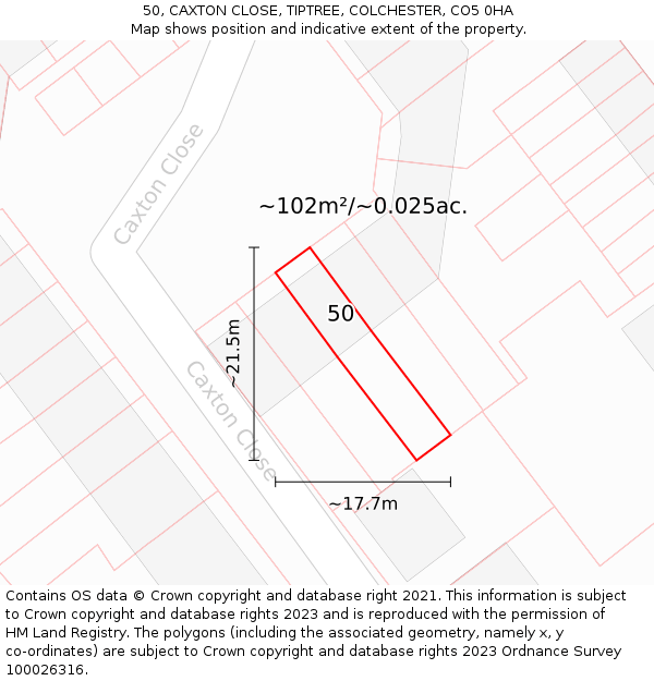 50, CAXTON CLOSE, TIPTREE, COLCHESTER, CO5 0HA: Plot and title map