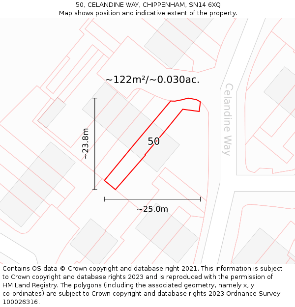 50, CELANDINE WAY, CHIPPENHAM, SN14 6XQ: Plot and title map