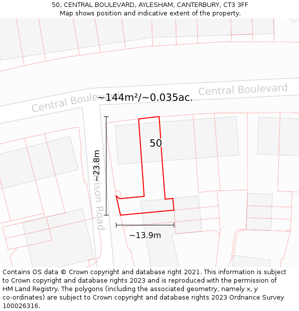 50, CENTRAL BOULEVARD, AYLESHAM, CANTERBURY, CT3 3FF: Plot and title map