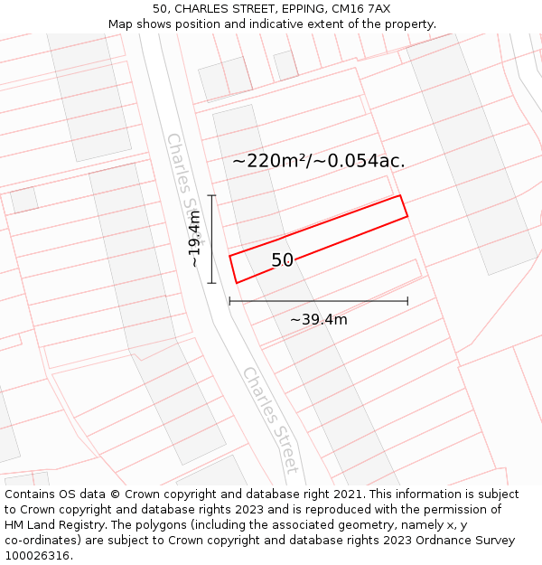 50, CHARLES STREET, EPPING, CM16 7AX: Plot and title map