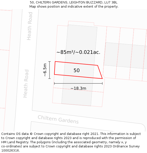50, CHILTERN GARDENS, LEIGHTON BUZZARD, LU7 3BL: Plot and title map