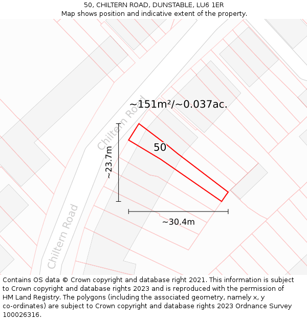 50, CHILTERN ROAD, DUNSTABLE, LU6 1ER: Plot and title map