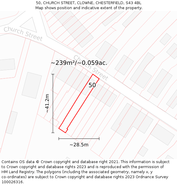 50, CHURCH STREET, CLOWNE, CHESTERFIELD, S43 4BL: Plot and title map