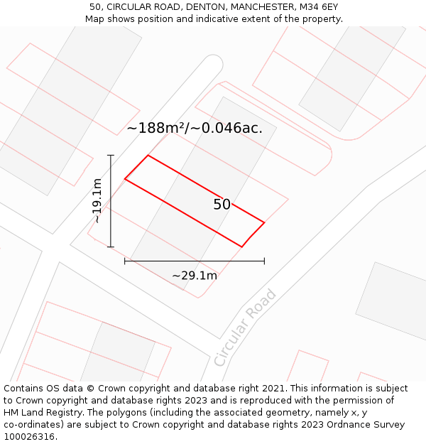 50, CIRCULAR ROAD, DENTON, MANCHESTER, M34 6EY: Plot and title map