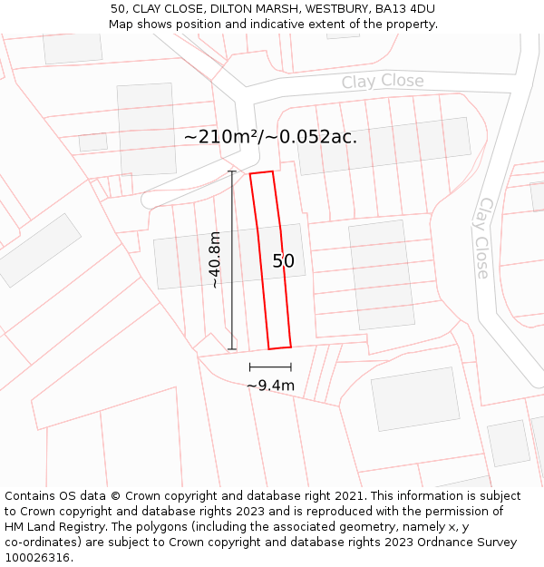50, CLAY CLOSE, DILTON MARSH, WESTBURY, BA13 4DU: Plot and title map