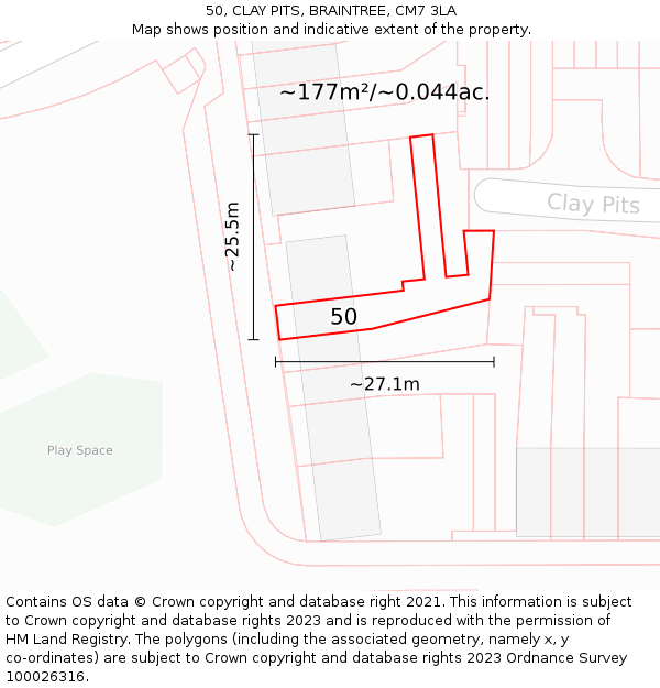 50, CLAY PITS, BRAINTREE, CM7 3LA: Plot and title map
