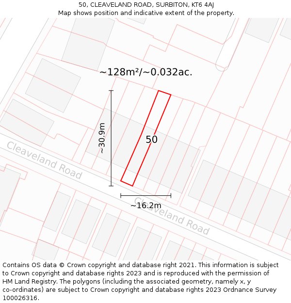 50, CLEAVELAND ROAD, SURBITON, KT6 4AJ: Plot and title map
