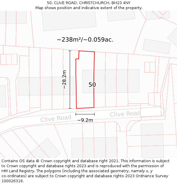 50, CLIVE ROAD, CHRISTCHURCH, BH23 4NY: Plot and title map